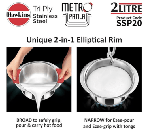Hawkins 2 Litre Metro Patila, Triply Stainless Steel Tope, Induction Bhagona, Tapeli, Silver (SSP20) - Image 3